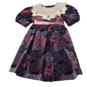 Bonnie Jean Girls Velvet Floral Dress Pink Ribbon Lace Collar Size 6 Vintage USA